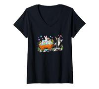 Women's Boston Terrier Carring Bunnies Easter Chocolate Eggs V-Neck T-Shirt