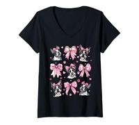 Womens Boston Terrier Dog Mom Girl Coquette Bow Pink V-Neck T-Shirt