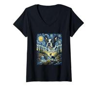 Women's Boston Terrier Dog Moon Howling Starry Night Van Gogh Style V-Neck T-Shirt
