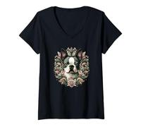 Womens Boston Terrier Dog Whimsical Botanical Nature Illustration V-Neck T-Shirt
