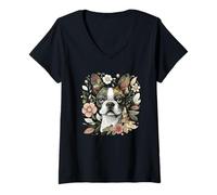 Womens Boston Terrier Dog Whimsical Botanical Nature Illustration V-Neck T-Shirt