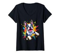 Womens Boston Terrier Lovers Jumping Design Funny Boston Terrier V-Neck T-Shirt