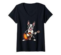 Womens Boston Terrier Playing Guitar Design Funny Boston Terrier V-Neck T-Shirt