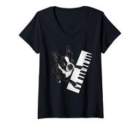 Womens Boston Terrier Playing Piano Pianist Dog Lover V-Neck T-Shirt