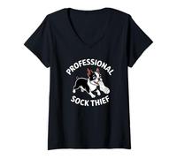 Womens Boston Terrier Sock Thief Humor Dog Lover V-Neck T-Shirt
