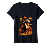 Womens Boston Terrier with Fall Leaves Forest Autumn Aesthetic Dog V-Neck T-Shirt