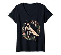 Women's Botanical Floral Mantis Praying Mantis Bug Lover V-Neck T-Shirt