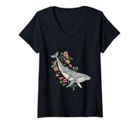 Womens Botanical Whale Illustration with Ocean Flowers V-Neck T-Shirt