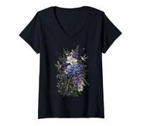 Women's Botany Science Floral Hummingbird Hydrangea Botanical V-Neck T-Shirt