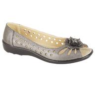 Boulevard DAYNA Womens Faux Leather Flower Peep Toe Flats Pewter - UK 5