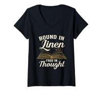 Womens Bound in Linen Free in Thought - Dark Academia Reading V-Neck T-Shirt