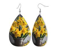 Womens Bouquet of Daffodils Print Leather Earrings Teardrop Dangle Earrings Jewelry Outfits Accessories