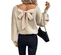 Women's Bow Back Sweater Sexy Off The Shoulder V Neck Lightweight Solid Color Knit Pullover (Khaki,XL)