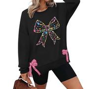 Womens Bow Christmas Pullover Ugly Xmas Oversized Tops Fashion Sequin Cute Graphic Holiday Crewneck Pink Sweatshirts,Women's Cozy Christmas Sweatshirt