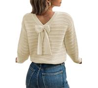 Women's Bow Crochet Jumper Round Neck Solid Long Sleeve Fall Lightweight Knit Sweaters Tops Apricot