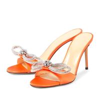 Women's Bow Heels Round Open Toe Rhiestone Heeled Sandals Mules Shoes, Slingback Slip On Leather Stiletto Sandals, for Party Daily Dresses Summer Pumps,Orange,7 UK