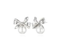 Women's Bow Knot 14K White Gold Au585 Earrings Round Pearl & Moissanite