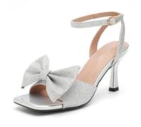 Women's Bow Knot Heeled Sandal Ankle Strap Square Open Toe Kitten Heels Comfortable Wedding Bridal Party Dress Shoes Silver Glitter 6.5