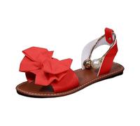 Women's Bow Knot Open Toe Flat Sandals, Pearl Ankle Strap Bohemian Summer Slides, Casual T-Strap Backless Slip-On Shoes, Cute Ruffle Bow Design Comfortable Beach Sandals for Women Orange