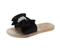 Women's Bow Knot Pearls Open Toe Slippers Size 6 UK Clearance Flat Slip on Sandals Slide Mules Summer Casual Beach Pool Flat Sliders Backless Flats Black Footwear Gifts