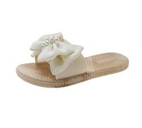 Women's Bow Knot Pearls Open Toe Slippers Size 6 UK Clearance Flat Slip on Sandals Slide Mules Summer Casual Beach Pool Flat Sliders Backless Flats White Footwear Gifts