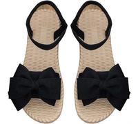 Women's Bow Knot Sandals Lightweight Flat Summer Linen Shoes Open Toe Flower Chunky Post Bohemian Sliders Breathable Walking Slingback Slides Slip On Shower Beach Slippers Holiday Vacations Black