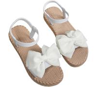 Women's Bow Knot Sandals Lightweight Flat Summer Linen Shoes Open Toe Flower Chunky Post Bohemian Sliders Breathable Walking Slingback Slides Slip On Shower Beach Slippers Holiday Vacations White