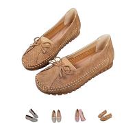 Women's Bow-Knot Slip-On Loafers,Comfortable Stylish Casual Flats Lightweight Breathable Orthopedic Leather Shoes(Khaki,5 UK)