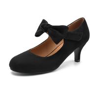 Women's Bow Mary Jane Pumps Low Kitten Heels Round Toe Ankle Strap Wedding Office Work Dress Evening Party Shoes Black Suede 9