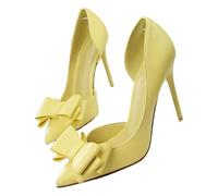 Women's Bow Pointed Toe Stiletto Pumps Backless High Heels Slip On Closed Toe Dress Shoes for Office Business Party Prom(Yellow,5.5 UK)