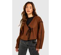 Womens Bow Tie Detail Blanket Stitch Wool Look Jacket - Brown - 10, Brown