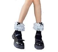 Women's Bow Tie Lace Ruffle Stacking Socks Double Lace Flap Mesh Splicing Mid Calf Socks Comfortable Cotton Princess Loli Style (Black)