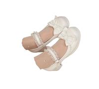 Women's Bow-Tie Mary Jane Pumps Mid Chunky Heel Thick-Soled Court Shoes with Patchwork Lace-Trim Bavarian Style Footwear for Dirndl Oktoberfest Long Standing Traditional German Event White