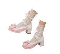 Women's Bow-Tie Mary Jane Pumps Mid Chunky Heel Thick-Soled Court Shoes with Patchwork Lace-Trim Bavarian Style Footwear for Dirndl Oktoberfest Long Standing Traditional German Event Red