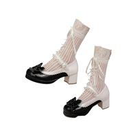 Women's Bow-Tie Mary Jane Pumps Mid Chunky Heel Thick-Soled Court Shoes with Patchwork Lace-Trim Bavarian Style Footwear for Dirndl Oktoberfest Long Standing Traditional German Event Black