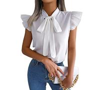 Womens Bow Tie Neck Chiffon Blouses, Lace-Up Design Pure Color Breathable Women Ruffle Sleeve Shirts for Summer Party Shopping (M) White