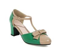 Women's Bowknot Round Toe Mary Jane Shoes Comfort Block Heel Buckle T-Strap Dress Pumps (Green,7.5)