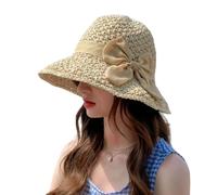 Womens Bowknot Straw Hat Outdoor Breathable Weave Straw Cap Foldable Floppy Fishermen Bucket Hat Summer Sun Protection Cap for Beach Travel Holiday Beige