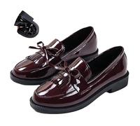 Women's Bowknot Tassel Low Heel Loafers Flats, Patent Leather Chunky Heel Bow Dress Shoes Orthopaedic Anti-Slip Slip-On Block Heel Walking Shoes (3,Burgundy)