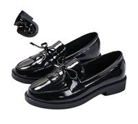 Women's Bowknot Tassel Low Heel Loafers Flats, Patent Leather Chunky Heel Bow Dress Shoes Orthopaedic Anti-Slip Slip-On Block Heel Walking Shoes (5,Black)