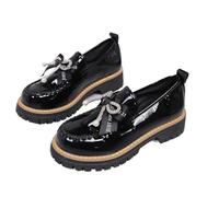 Women's Bowknot Thick Sole Loafers, Elegant Rhinestone Chunky Platform Penny Loafers Patent Leather Slip-on Comfortable Casual Shoes (Black,7.5)