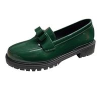 Women's Bowknot Thick Sole Loafers, Slip-On Chunky Heel Dress Shoes with Bow Patent Leather Platforms British Style Thick Sole Loafer (6,Green)