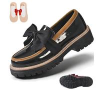 Women's Bowknot Thick Sole Loafers, Women's Patent Leather Bowknot Chunky Platform Loafers - Casual Dress Shoes for Office Business Work Everyday Wear (Black,5)