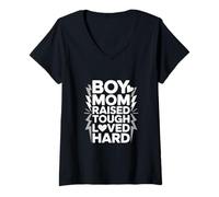 Women's Boy Mom Raised Tough Loved Hard Lightning V-Neck T-Shirt