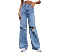 Womens Boyfriend Jeans Casual Hight Waisted Straight Wide Leg Bootcut Jean Vintage Destroyed Frayed Denim Pants with Hole Ladies Loose Fit Stretchy Y2K Trousers