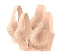 Women's Bra Without Underwire, Large Sizes, Set of 2 with Front Closure, V-Neck, Lace Bra, Good Hold Against Suspended Chest Underwear, Non-Wired Push Up with Wide Straps, Undershirt, khaki, L