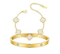 Women's Bracelet Gold Plated Cuff Bangle Clover Bracelet Set for Women Four Leaf Lucky Bracelets Jewelry oval Bangle Witness the Gift of Love
