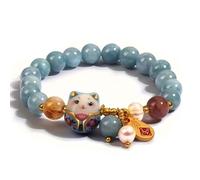 Women's Bracelet with Lucky Cat Pendant, Blue Crystal Beads, Ceramic Cat Jewellery, Feng Shui Protective Bracelet for Prosperity & Energy