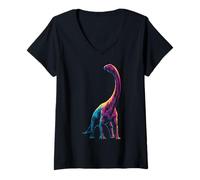 Women's Brachiosaurus Dinosaur Graphic Archaeology Motif Colorful V-Neck T-Shirt