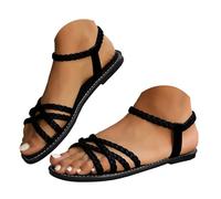 Women's Braided Leather Flat Sandals, Elastic Ankle Strap for Travel | Woven leather upper, open toe, stretch ankle band, flat sole, wide-fit profile, beach, holidays, walking, everyday wear